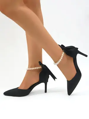 Elegant Pointed Toe Stiletto Heels, Fashion Faux Pearls & Bow Design High Heel Shoes for Party, All-match Stylish Classy Heel...