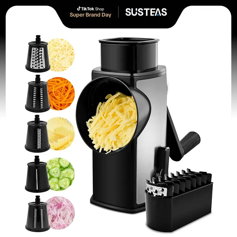 SUSTEAS Stainless Steel Rotary Cheese Grater with Handle - Comes with 5 Blades, Powerful Suction Cup Base, Comes with Blade S...