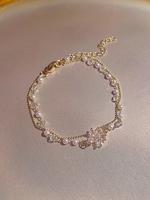 Women's Elegant Faux Pearl & Artificial Crystal Decorated Flower Design Layered Bracelet, Exquisite Trendy Bracelet, Fashiona...