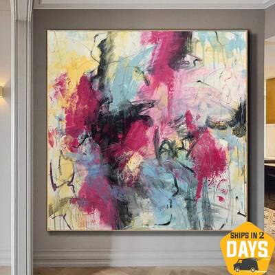 Original Colorful Abstract Paintings On Canvas Pink Art Modern Wall Art Oil Painting Unique Abstract Fine Art | PINK FIRE 46&...