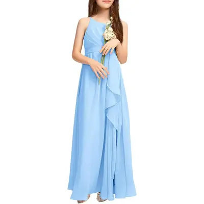 Haloumoning Girls Chiffon Dresses Formal Sleeveless Junior Bridesmaid Wedding Party Maxi Dress