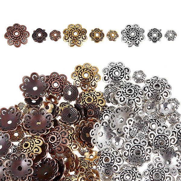 450Pcs 9 Styles  Tibetan Style Alloy Flower Bead Caps