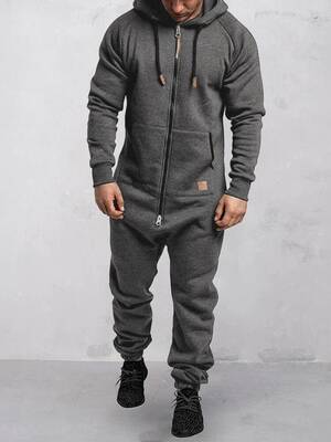Hooded Fleece Solid Color Jumpsuit, Dark Grey / XXL