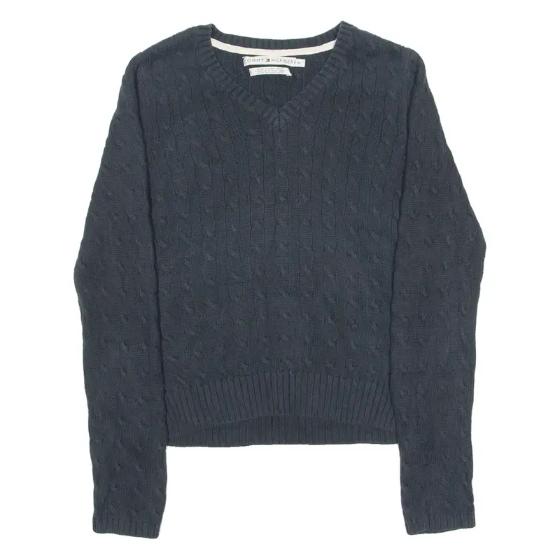 TOMMY HILFIGER Womens Jumper Black V-Neck Cable Knit M