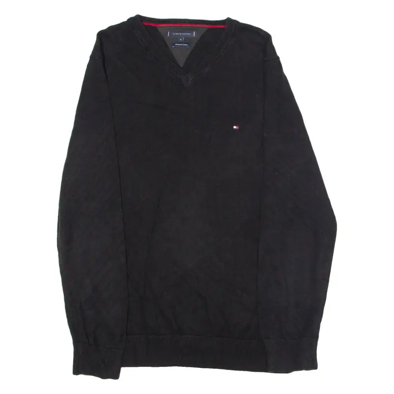 TOMMY HILFIGER Mens Jumper Black V-Neck Tight Knit XL