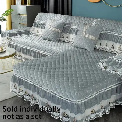 Quilted Soft Ruffle Decor Sofa Cushion Cover, 1 Count Lace Embroidered Sofa Cover, Living Room Furniture Cover for Pets Kids ...