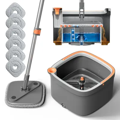 Spin Mop and Bucket Set Zero Dirty Water Cleaning System for Living Bath and Kitchen Room Hard Floor Cabinets Wall Windows St...