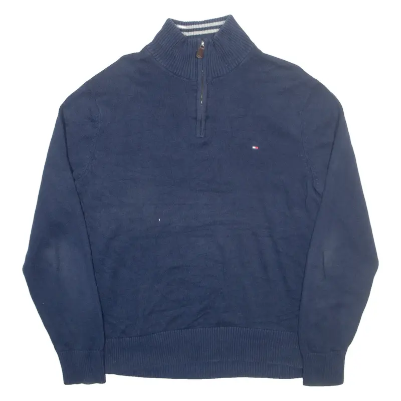 TOMMY HILFIGER Mens Jumper Blue 1/4 Zip Tight Knit L