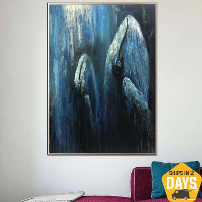 Original Whales Paintings On Canvas Blue Animals Painting Acrylic Oil Painting Textured Hand Painted Art | WHALE FAMILY 46&qu...