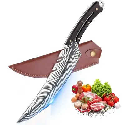 Professional Chef's Knife, 1 Count Stainless Steel Feather Design Knife with Leather Sheath, Suitable for Kitchen Outdoor Cam...