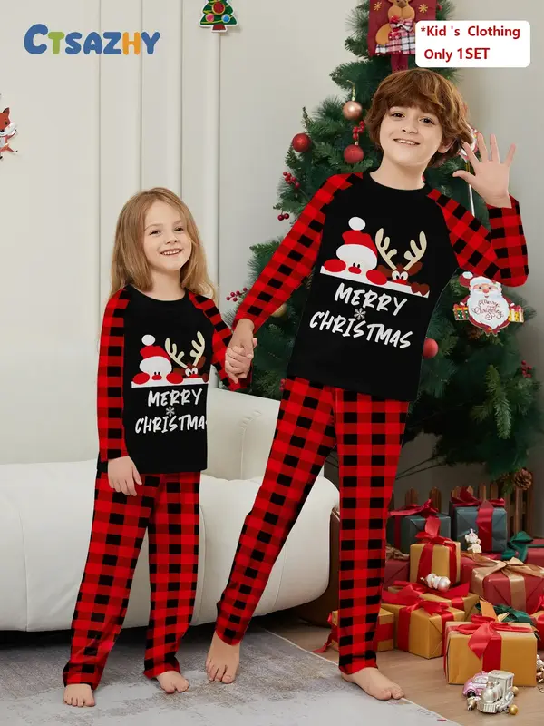 Christmas Kids Pajama Set, Santa Print Top & Floral Pants, Fall Winter Casual Home Wear, Fitted Thin Fabric Sleepwear