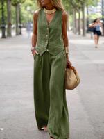 Women's Solid Color Tank Top & Wide Leg Pants Set, Casual Sleeveless V Neck Top & Trousers for Daily Wear, Ladies Clothes for...