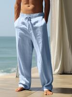 Men's Solid Color High-quality Cotton and Linen Straight Leg Pants, Casual Comfy Beach Pants, Men's Trousers for Summer Daily...