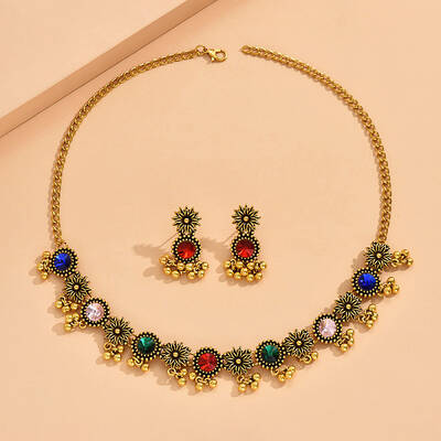 Flat Round & Flower Alloy Rhinestone Pendant Necklace & Stud Dangle Earring Sets