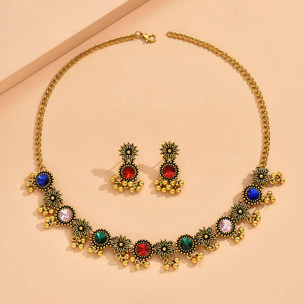 Flat Round & Flower Alloy Rhinestone Pendant Necklace & Stud Dangle Earring Sets