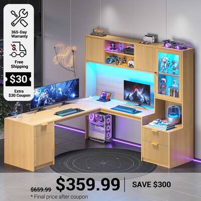 SEDETA | 67 Inch Fluted Computer Desk L Shaped Gaming Desk with Power Outlets RGB LED Glass Display Hutch File Drawer Storage...