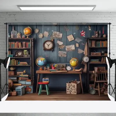 Retro Black Wall Globe Bookcase Photography Backdrop - Aperturee