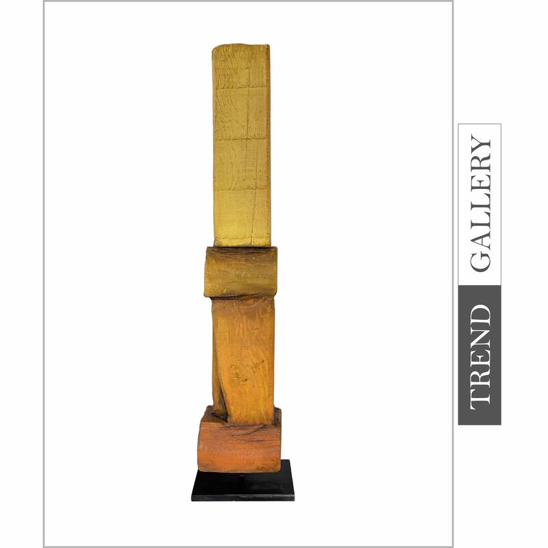 Original Yellow Totem Original Table Decor Hand Carved Wood Sculpture Desktop Art for Room | BAMBOO 25.2"x4"