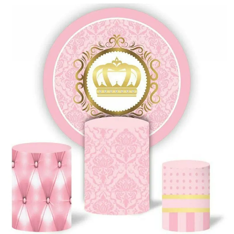 Aperturee Girls Gold Crown Round Pink Birthday Party Backdrop Kit | Custom Round Birthday Backdrop | Round Party Backdrop | R...