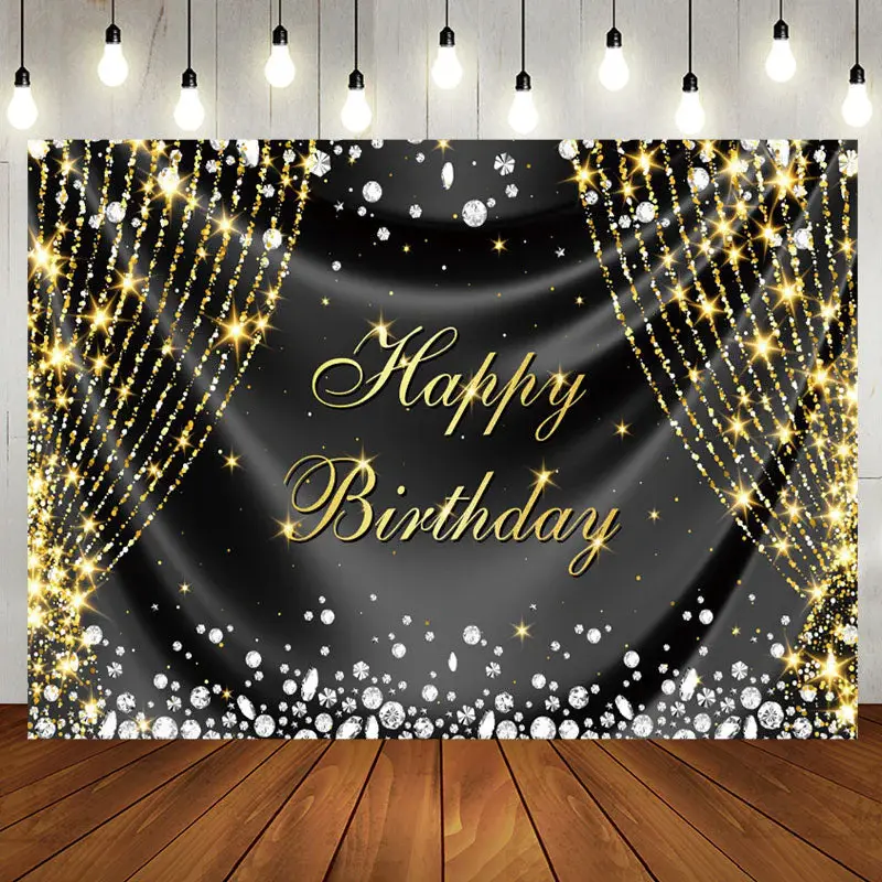 Silver Gold Diamonds Curtain Happy Birthday Backdrop - Aperturee