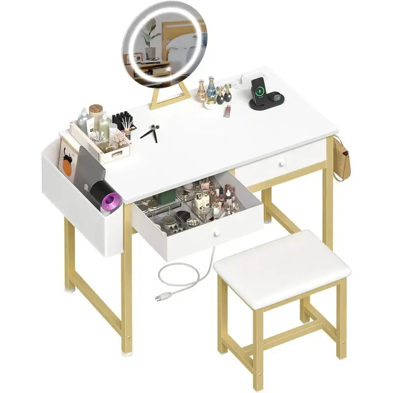 Makeup Vanity Desk with Mirror and Lights - White and Gold Vanity Table Set with Chair, Fabric Drawers, Power Outlet, Small M...