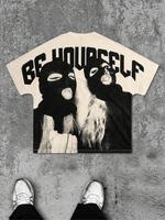 Men's Letter Print Balaclava Mask, Regular Fit Casual Soft Comfy Short Sleeve Pajama T-shirt for Summer, Men's Sleepwear & Lo...