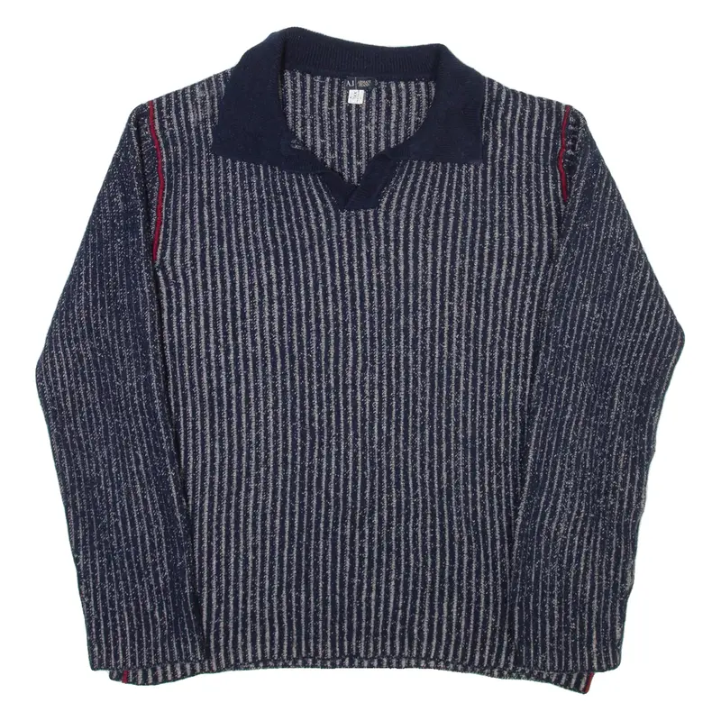 ARMANI JEANS Mens Patterned Jumper Blue Striped Collared Tight Knit 2XL