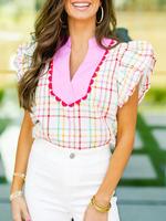 Women's Plaid Print Flutter Sleeve Blouse, Casual Open Front V Neck Top for Daily Wear, Ladies Clothes for All Seasons, Shirt...