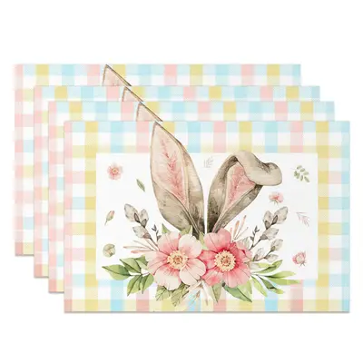 Brown Bunny Ear Pink Floral Plaid Set Of 4 Placemats - Aperturee