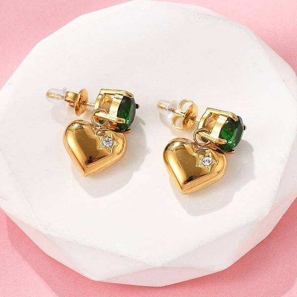 Heart 304 Stainless Steel Micro Pave Cubic Zirconia Dangle Stud Earrings