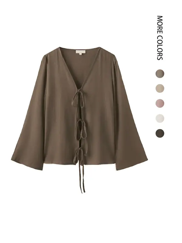 Women's Lightweight Linen Tie-Front Long Sleeve Top, Casual Summer Fashion, Breathable & Comfortable Design, Perfect for Dail...