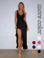 Women's Plain Ruffle Trim Tank Dress, Solid Sleeveless Split Hem Long Formal Dress for Party Club Dating Wear, Ladies Fitted ...