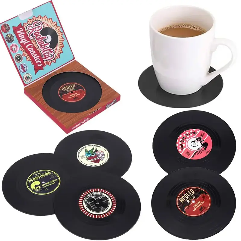 Silicone Record Design Coaster, 6 Counts Non-slip Round Cup Coaster, Retro Style Record Mug Mat, Table Decoration for Music L...