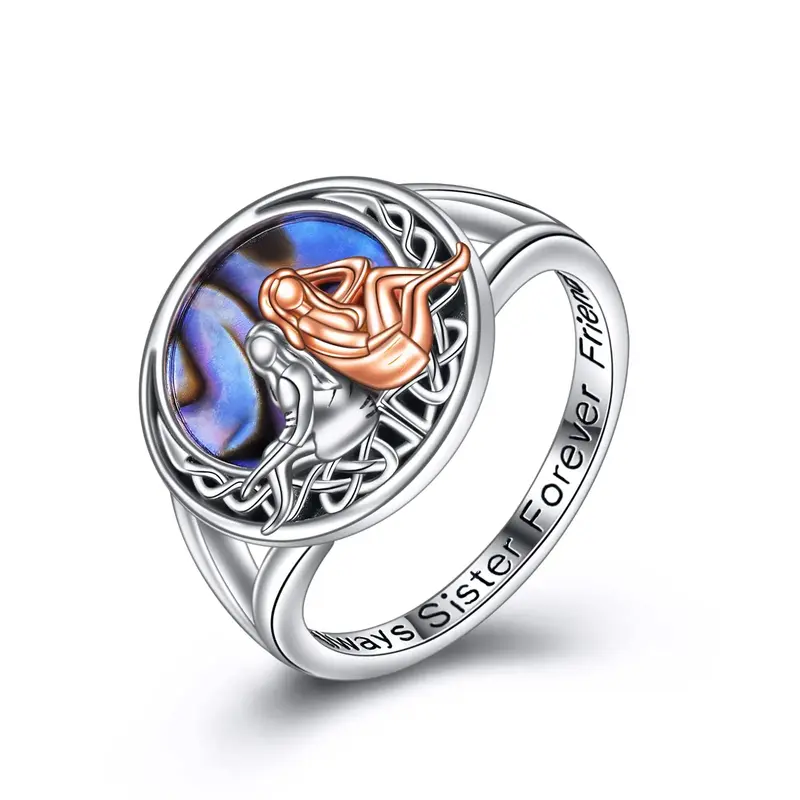 Sterling Silver Two-tone Round Shaped Abalone Shellfish Sisters & Celtic Knot Ring with Engraved Word