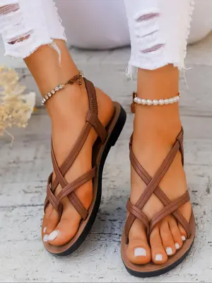 Women's Fashionable Plain Color  Slip on Crossed Strap Sandals for Summer, Boho Sandals, Stylish Casual Comfortable Flat Sand...