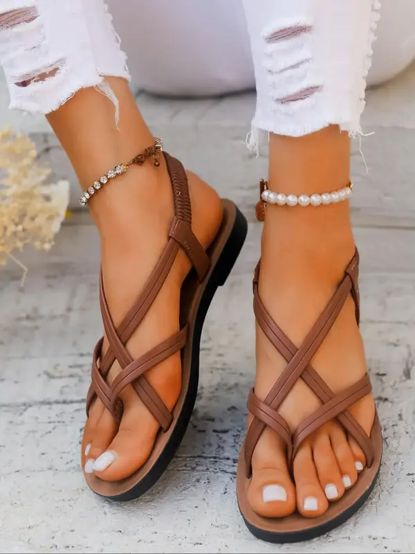 Women's Fashionable Plain Color  Slip on Crossed Strap Sandals for Summer, Boho Sandals, Stylish Casual Comfortable Flat Sand...