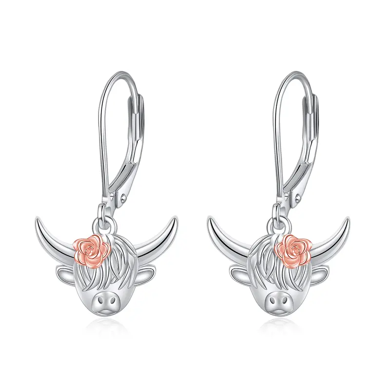 Sterling Silver Two-tone Highland Cow Lever-back Earrings