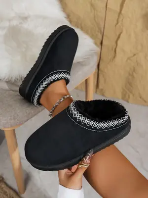 Women's Solid Color Plush Lining Slippers, 2024 New Style Casual Soft Comfortable Home Slippers, Warm Slippers for Indoor & O...