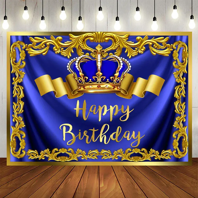 Aperturee Gold Royal Bule Birthday Crown Backdrop for Men