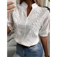 2025 spring embroidery women blouse fashion summer V-neck lantern sleeve white shirt woman vintage cotton hollow-out tops