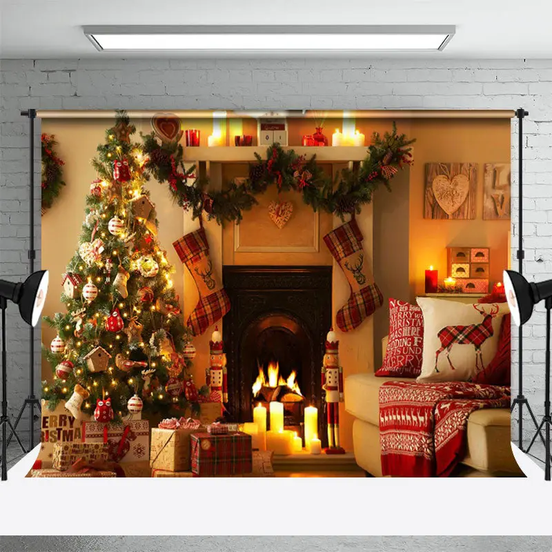 Fireplace Tree Stockings Christmas Family Backdrop - Aperturee