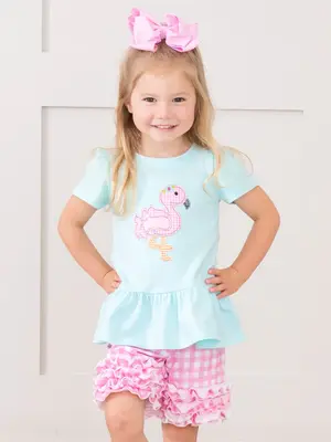 Pink Gingham Flamingo Ruffle Outfit