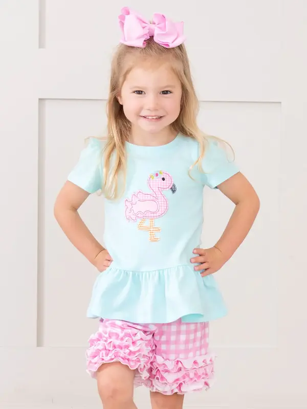 Pink Gingham Flamingo Ruffle Outfit