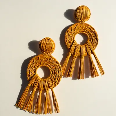 Oasis Mustard Earrrings - Handmade Iraca Palm Earrings | Color: Blue