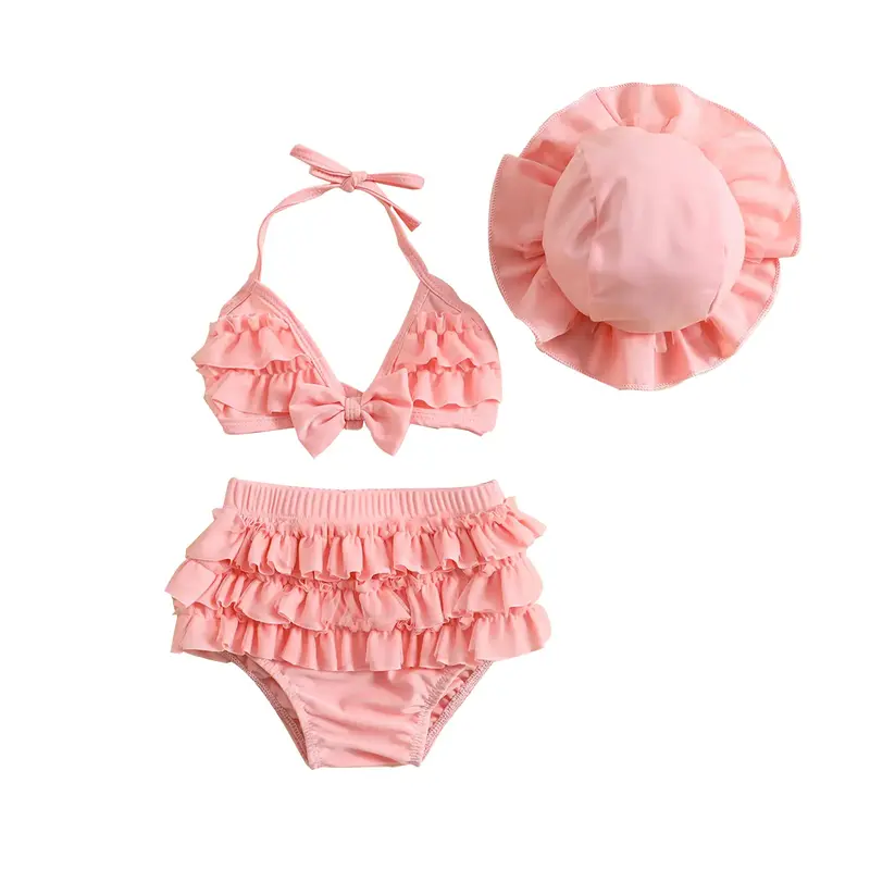 3 Pieces Swimsuit Toddler Kids Baby Girls Bikini Set Swimwear Ruffled Halter Tops+Shorts+Hat Tankini Bathing Suit #Springtok