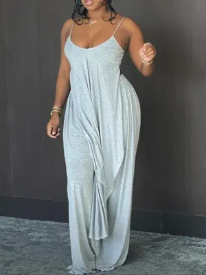 Women's Solid High Low Wide Leg Loungewear Set, Casual Sleeveless Spaghetti Strap Cami Top & Pants Pj Set, Women's Sleepwear ...