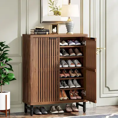 Spaco 6-Tier Shoe Cabinet with Louvered Doors, Large Wooden Shoe Storage Cabinet with Adjustable Shelves, Modern Freestanding...