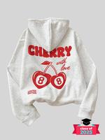 Women's Cherry & Letter Print Drop Shoulder Hoodie, Trendy Loose Fashion Casual Drawstring Pocket Hooded Sweatshirt for Holid...