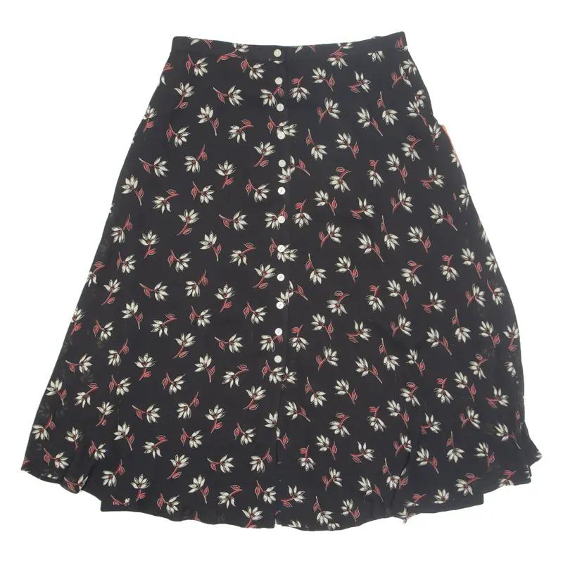 SAVILLE Buttoned Womens A-Line Skirt Black Midi Floral M