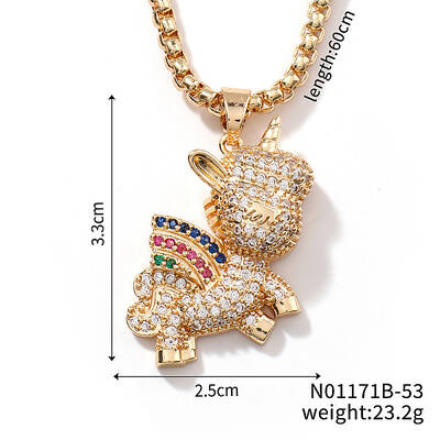 Cute Unicorn Fashion Brass Colorful Rhinestone Pendant Box Chain Necklaces